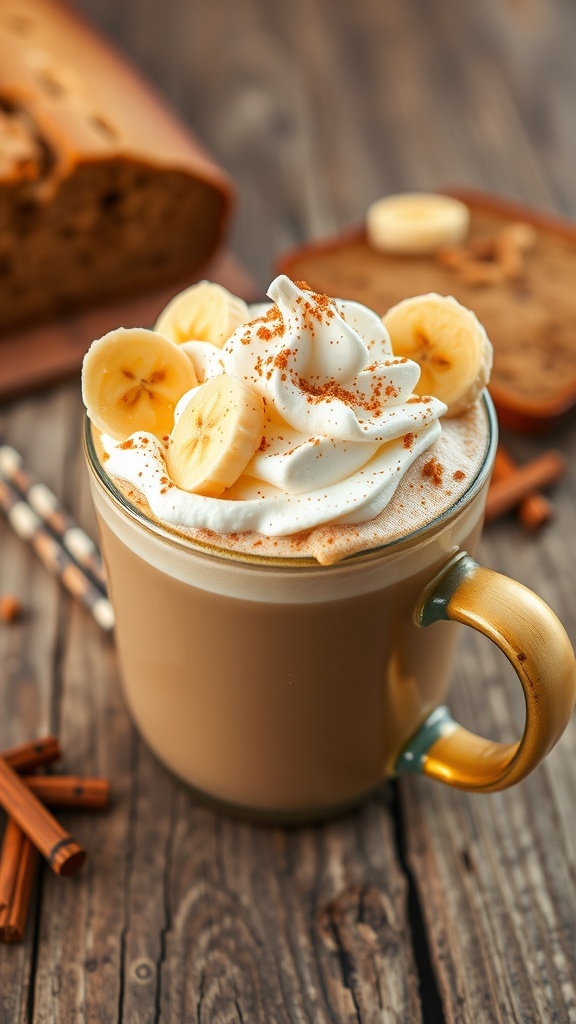 Banana Bread Latte Recipe A cup of Banana Bread Latte with whipped cream and banana slices, next to a slice of banana bread on a wooden table.